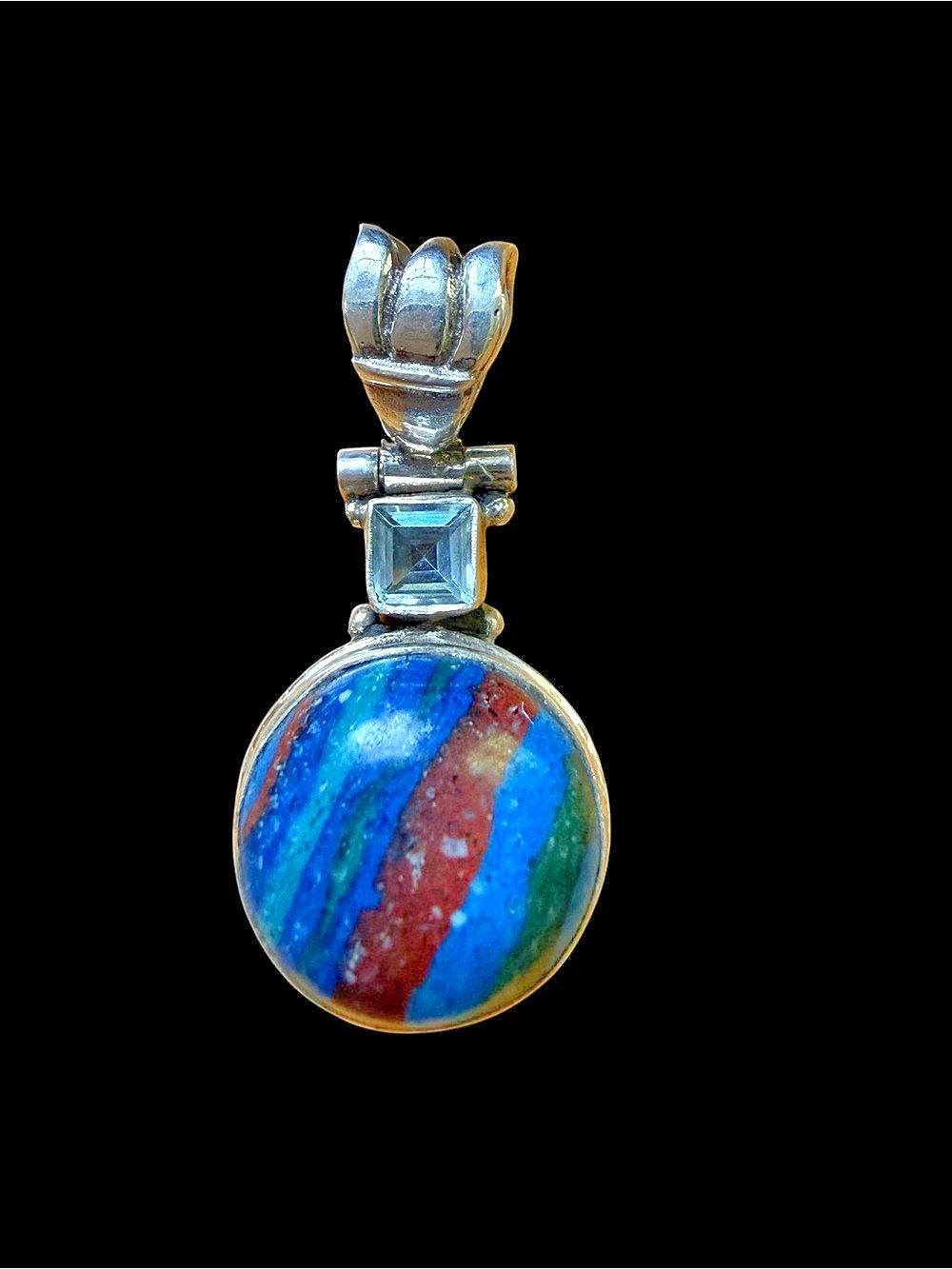 Artisan 925 Sterling Silver Azurite Malachite & Blue Topaz Pendant 💙 Statement